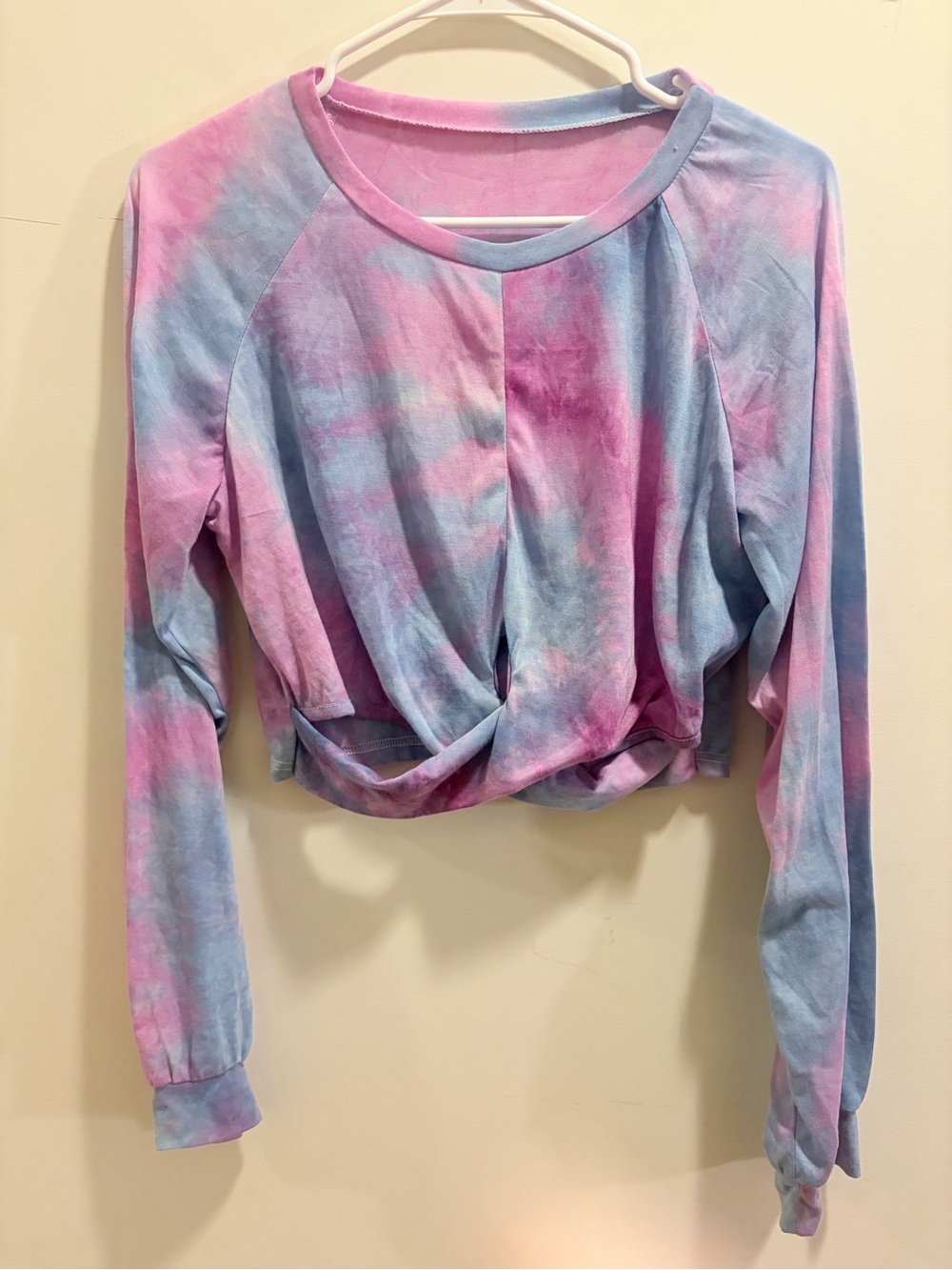 SHEIN Pink & Blue Tie-Dye Twist-Front Cropped Sweatshirt